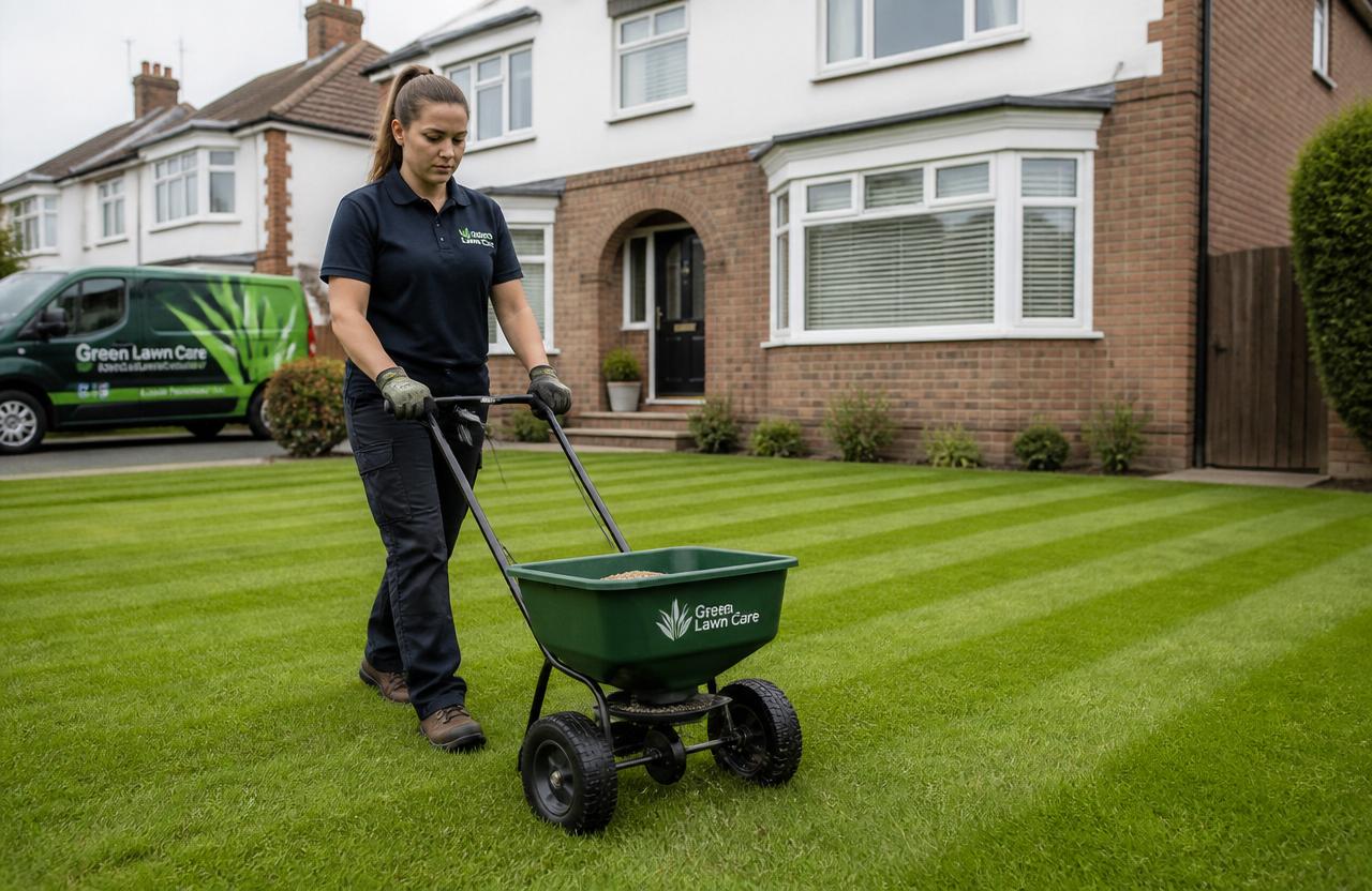 Lawn care technician applying a treatment to a striped UK front lawn